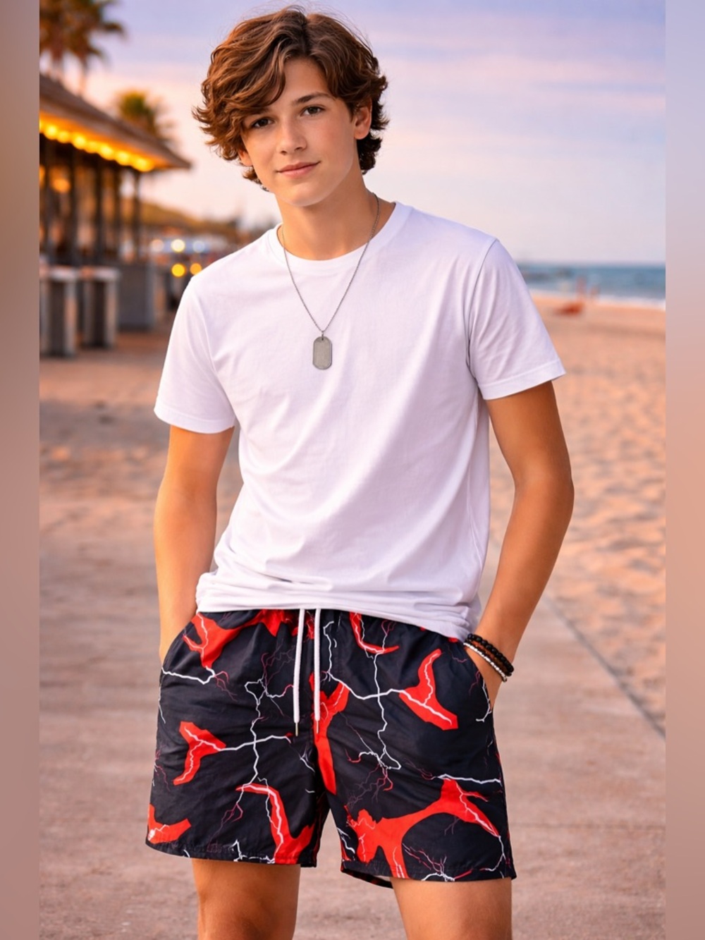 ROMWE Black Swim Shorts with Red Lightning Print